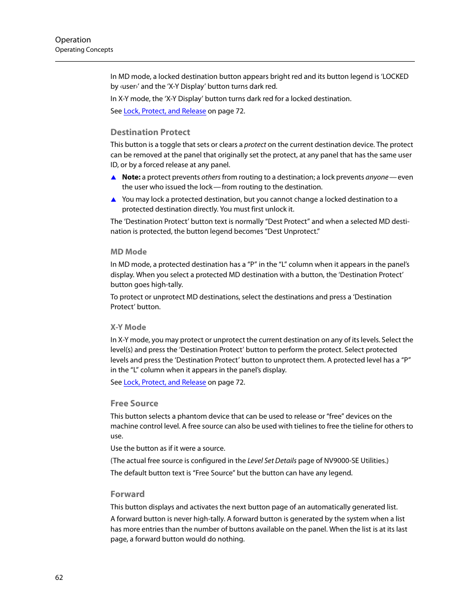 Destination protect, Free source, Forward | Destination protect free source forward | Grass Valley NV9654 v.1.1 User Manual | Page 72 / 118