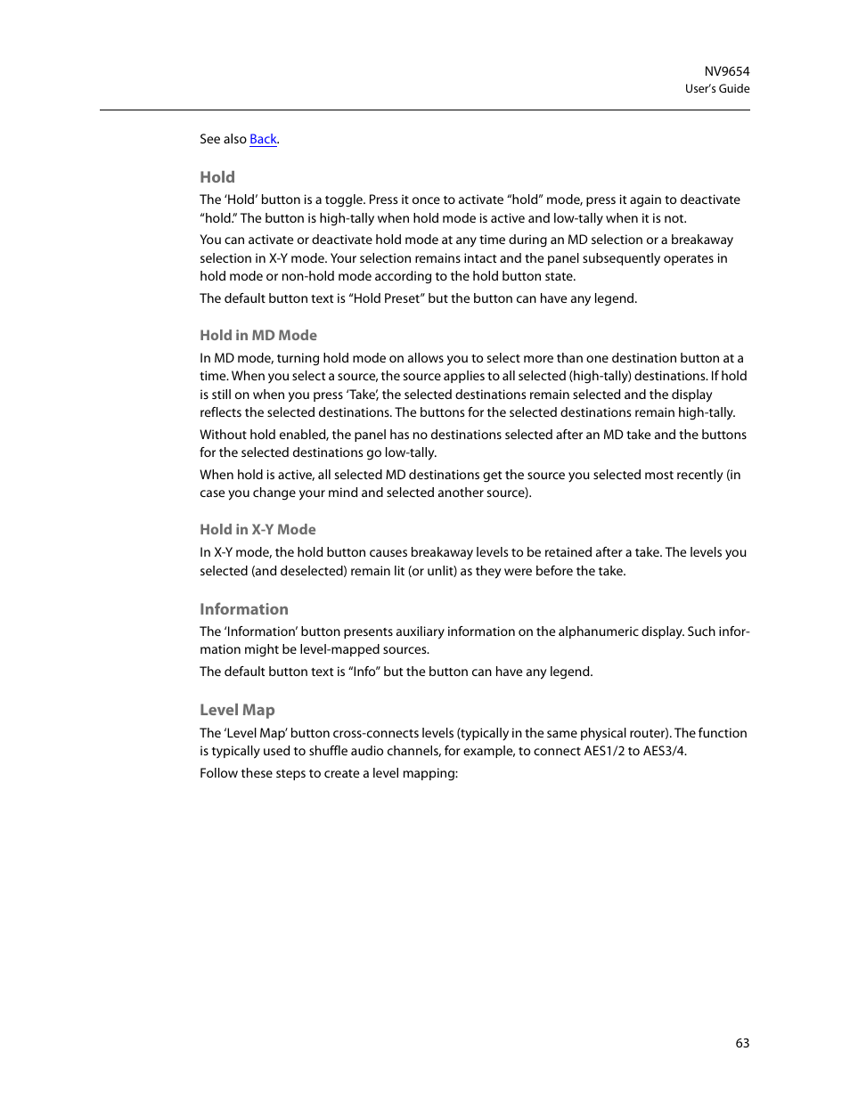 Hold, Information, Level map | Information level map | Grass Valley NV9654 v.1.1 User Manual | Page 73 / 118