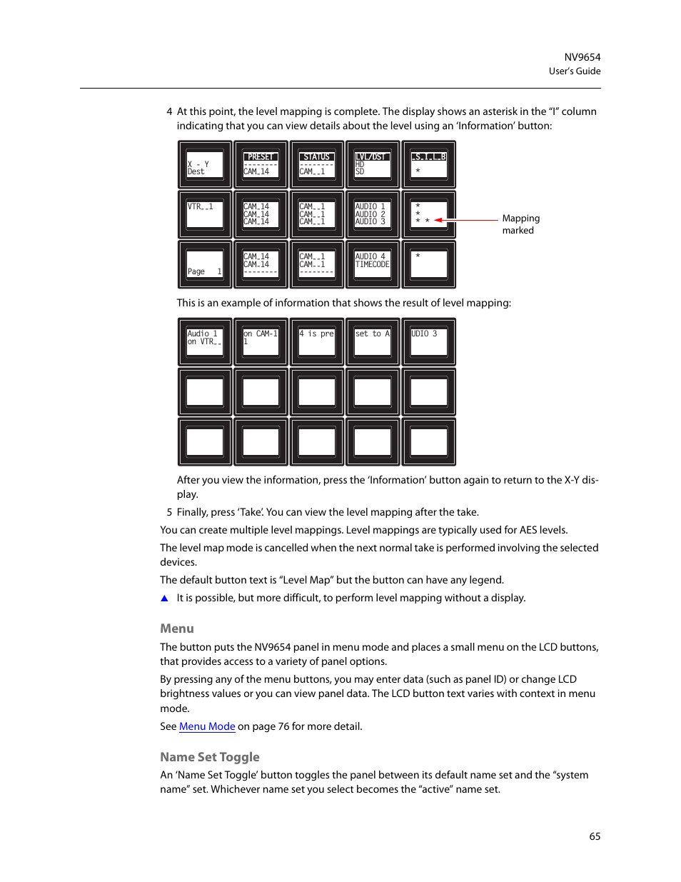 Menu, Name set toggle, Menu name set toggle | Grass Valley NV9654 v.1.1 User Manual | Page 75 / 118