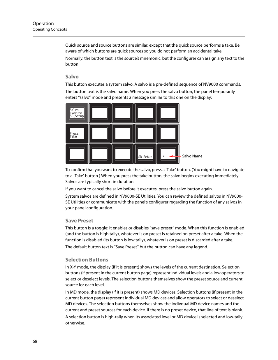 Salvo, Save preset, Selection buttons | Salvo save preset selection buttons, Selection, Buttons | Grass Valley NV9654 v.1.1 User Manual | Page 78 / 118