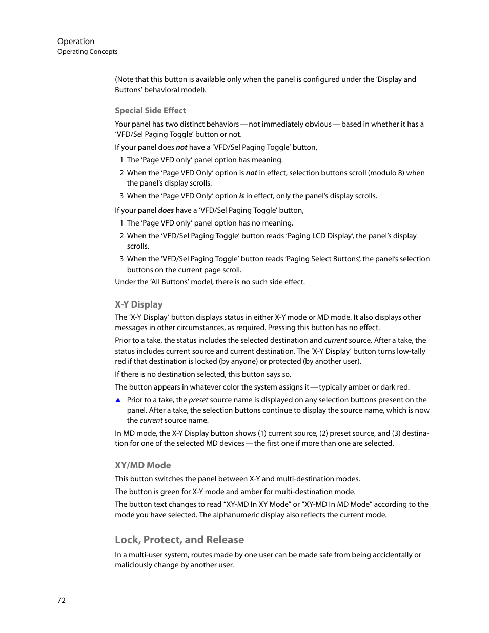 X-y display, Xy/md mode, Lock, protect, and release | X-y display xy/md mode | Grass Valley NV9654 v.1.1 User Manual | Page 82 / 118