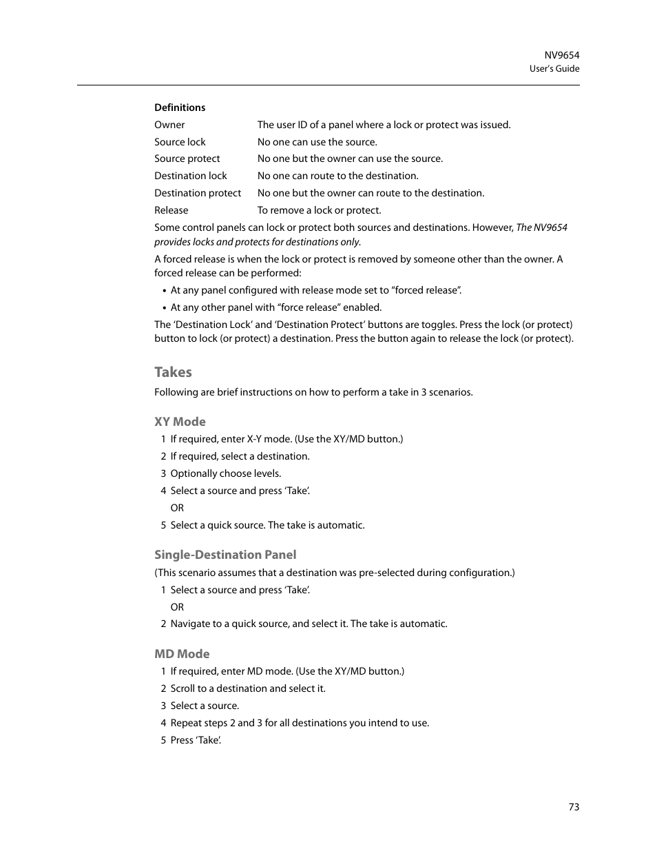 Takes, Xy mode, Single-destination panel | Md mode, Xy mode single-destination panel md mode | Grass Valley NV9654 v.1.1 User Manual | Page 83 / 118