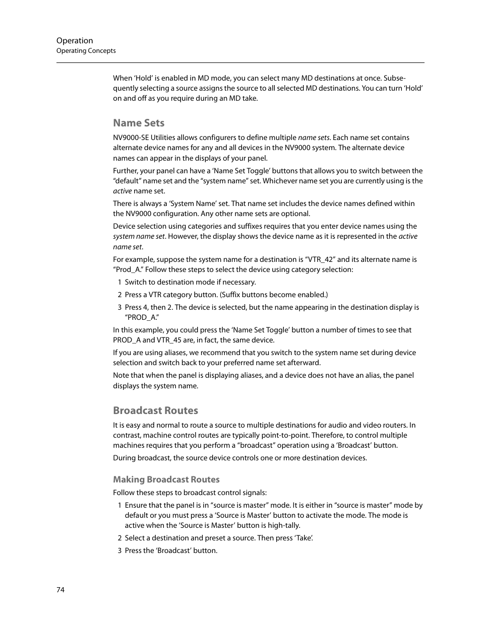 Name sets, Broadcast routes, Making broadcast routes | Name sets broadcast routes | Grass Valley NV9654 v.1.1 User Manual | Page 84 / 118