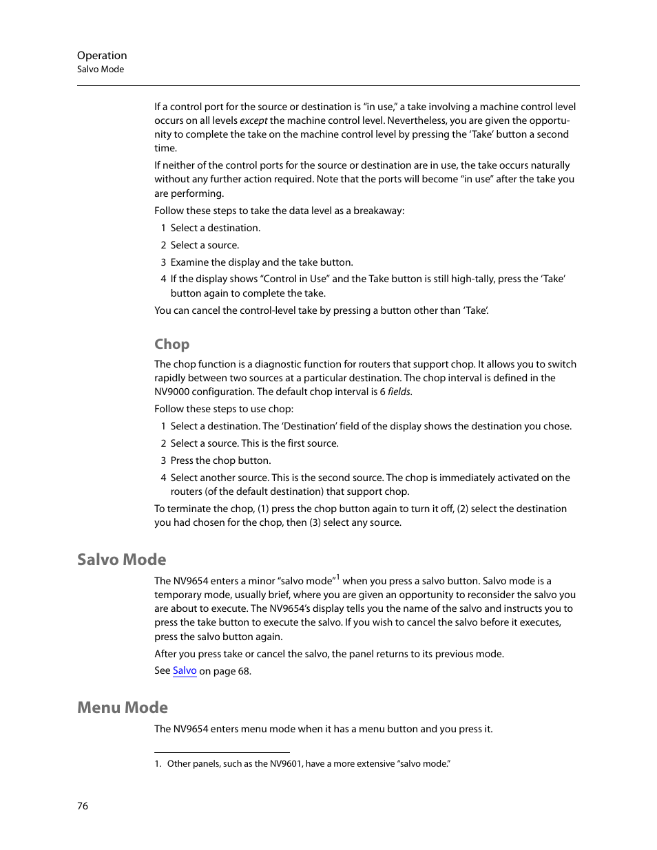 Chop, Salvo mode, Menu mode | Salvo mode menu mode | Grass Valley NV9654 v.1.1 User Manual | Page 86 / 118