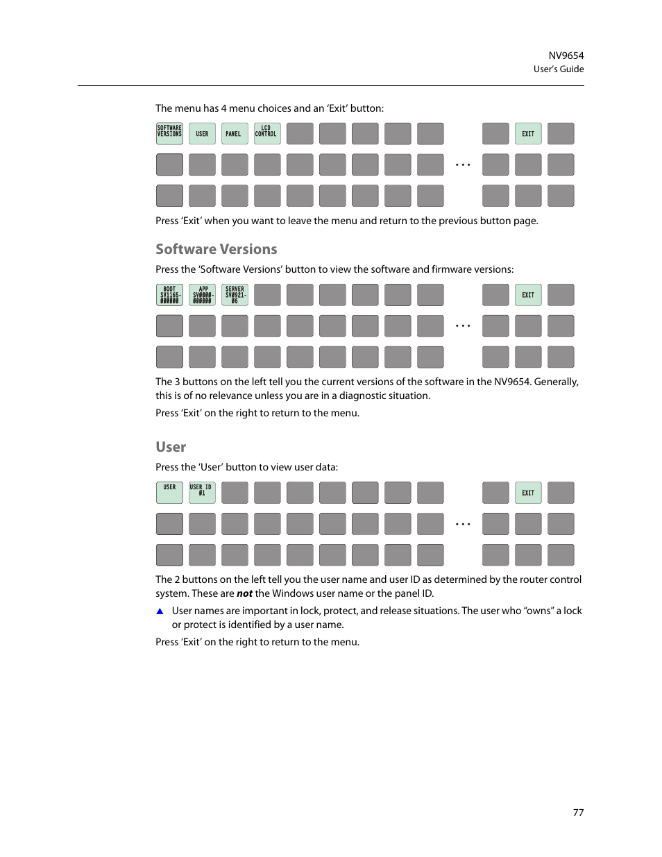 Software versions, User, Software versions user | Grass Valley NV9654 v.1.1 User Manual | Page 87 / 118