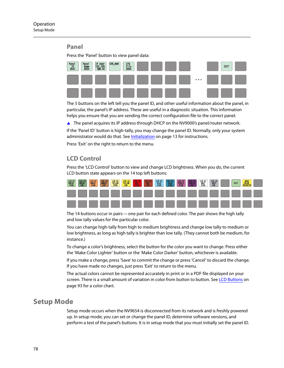 Panel, Lcd control, Setup mode | Panel lcd control, Operation | Grass Valley NV9654 v.1.1 User Manual | Page 88 / 118