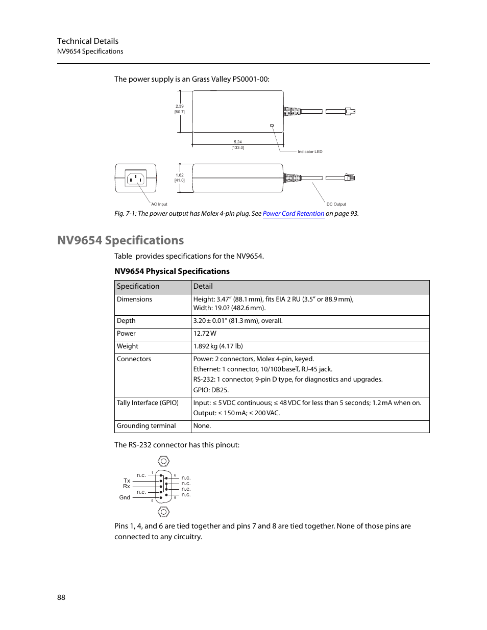 Nv9654 specifications, Technical details, Nv9654 physical specifications | Grass Valley NV9654 v.1.1 User Manual | Page 98 / 118