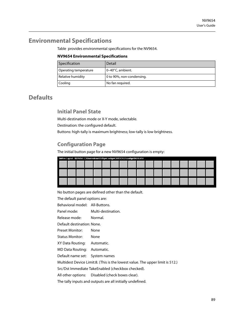 Environmental specifications, Defaults, Initial panel state | Environmental specifications defaults, Configuration page | Grass Valley NV9654 v.1.1 User Manual | Page 99 / 118