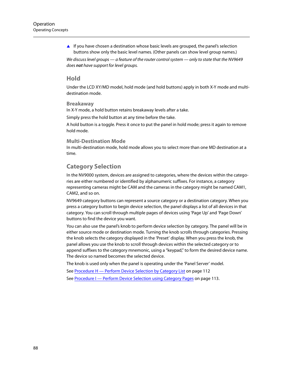 Hold, Breakaway, Multi-destination mode | Category selection, Breakaway multi-destination mode | Grass Valley NV9649 v.1.1 User Manual | Page 100 / 166