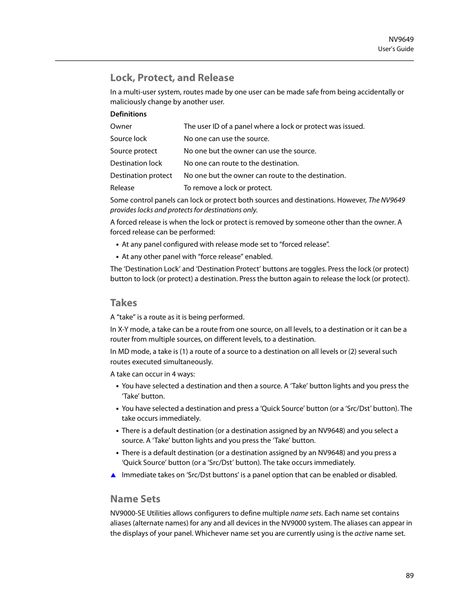 Lock, protect, and release, Takes, Name sets | Lock, protect, and release takes name sets | Grass Valley NV9649 v.1.1 User Manual | Page 101 / 166