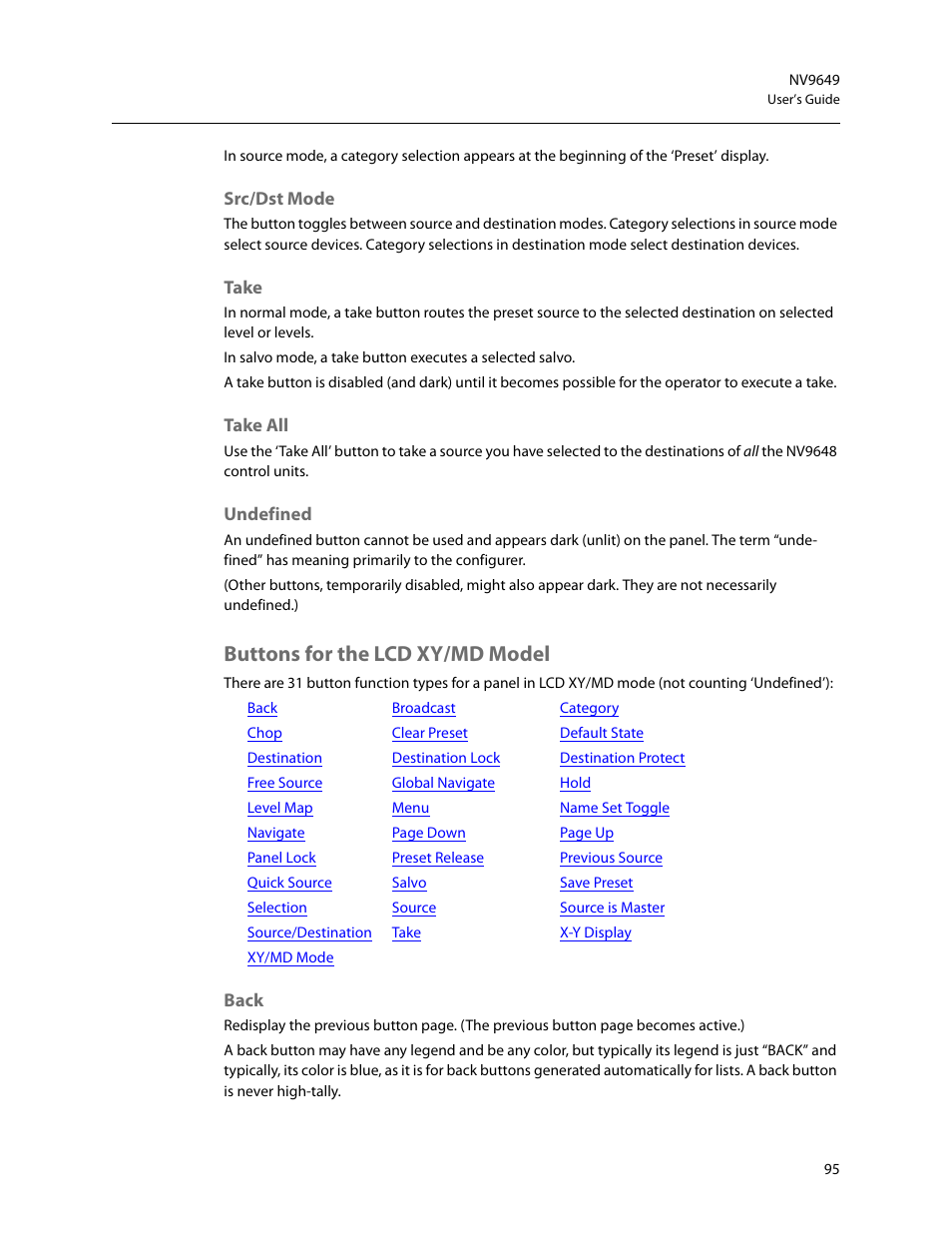 Src/dst mode, Take, Take all | Undefined, Buttons for the lcd xy/md model, Back, Src/dst mode take take all undefined | Grass Valley NV9649 v.1.1 User Manual | Page 107 / 166