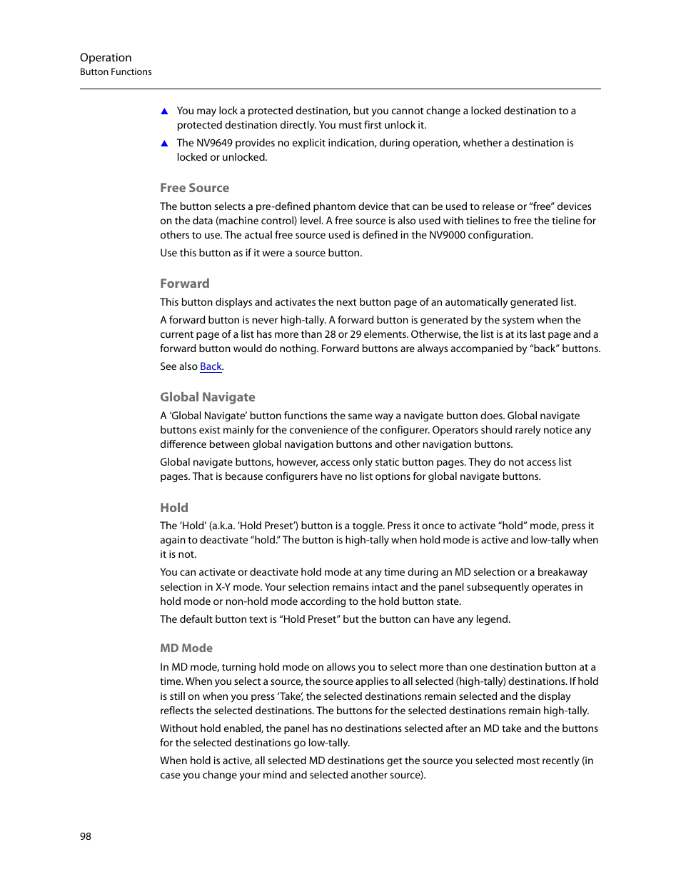 Free source, Forward, Global navigate | Hold, Free source forward global navigate hold | Grass Valley NV9649 v.1.1 User Manual | Page 110 / 166