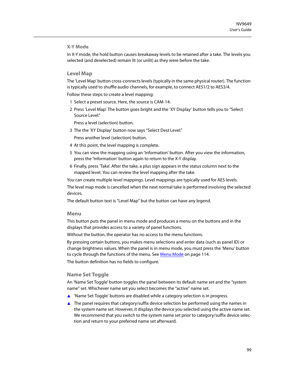 Level map, Menu, Name set toggle | Level map menu name set toggle | Grass Valley NV9649 v.1.1 User Manual | Page 111 / 166