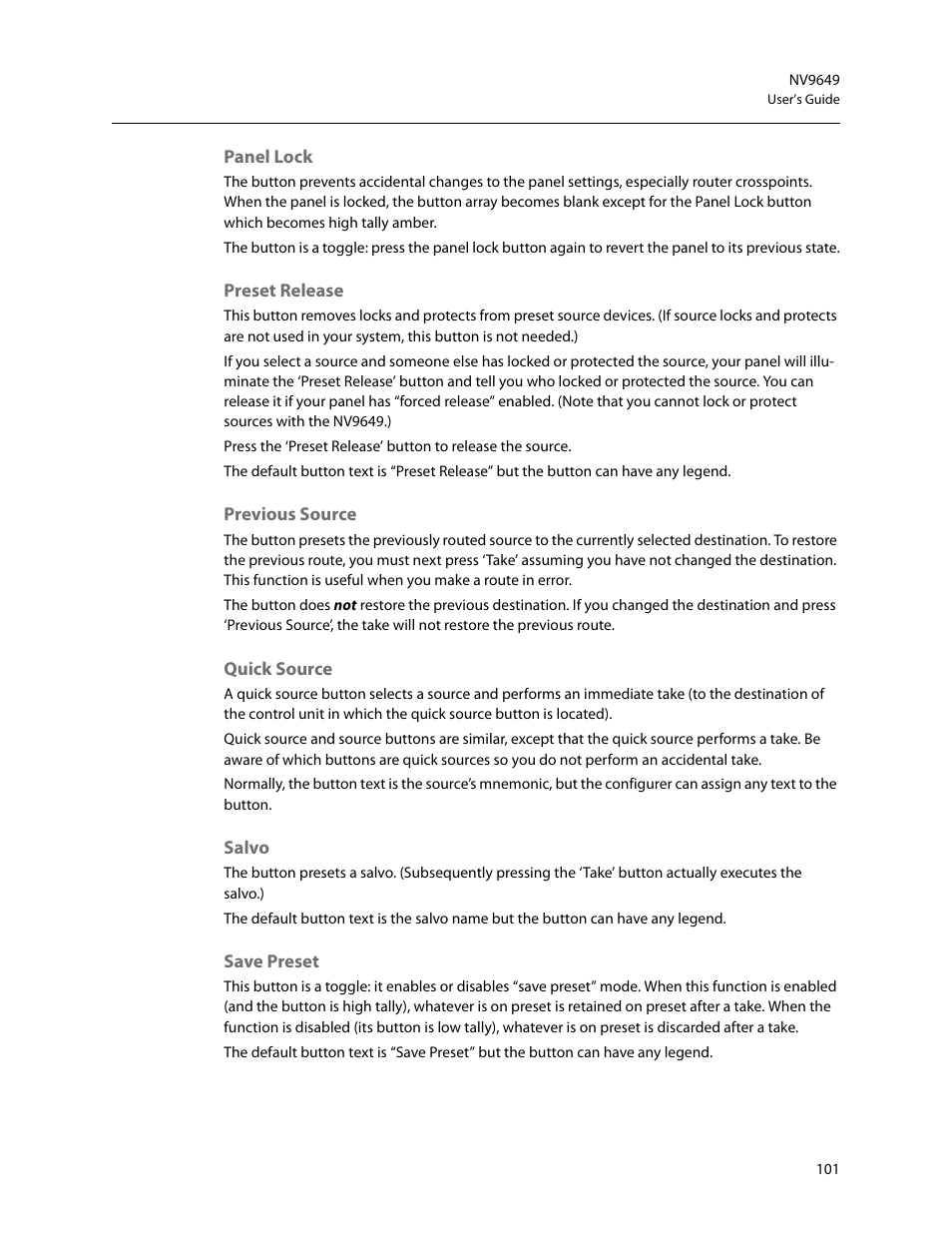 Panel lock, Preset release, Previous source | Quick source, Salvo, Save preset | Grass Valley NV9649 v.1.1 User Manual | Page 113 / 166