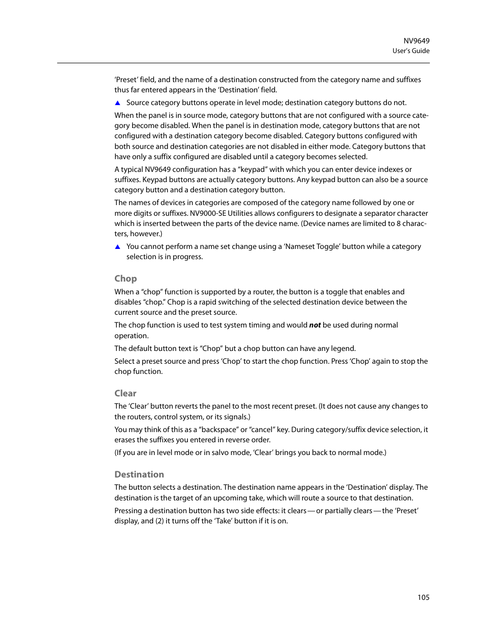 Chop, Clear, Destination | Chop clear destination | Grass Valley NV9649 v.1.1 User Manual | Page 117 / 166