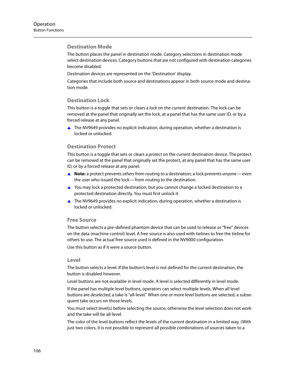 Destination mode, Destination lock, Destination protect | Free source, Level | Grass Valley NV9649 v.1.1 User Manual | Page 118 / 166