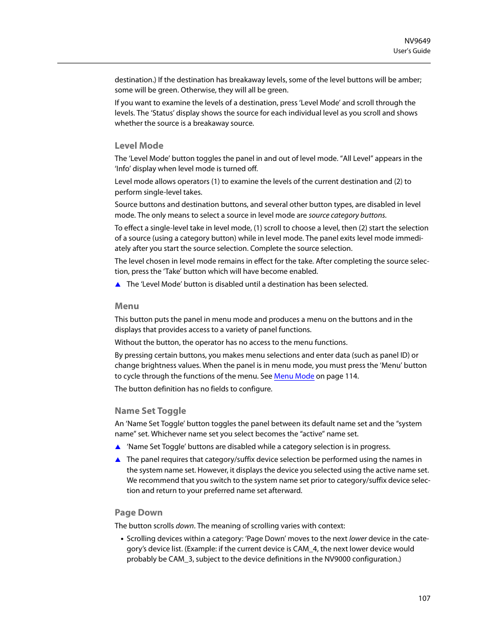 Level mode, Menu, Name set toggle | Grass Valley NV9649 v.1.1 User Manual | Page 119 / 166