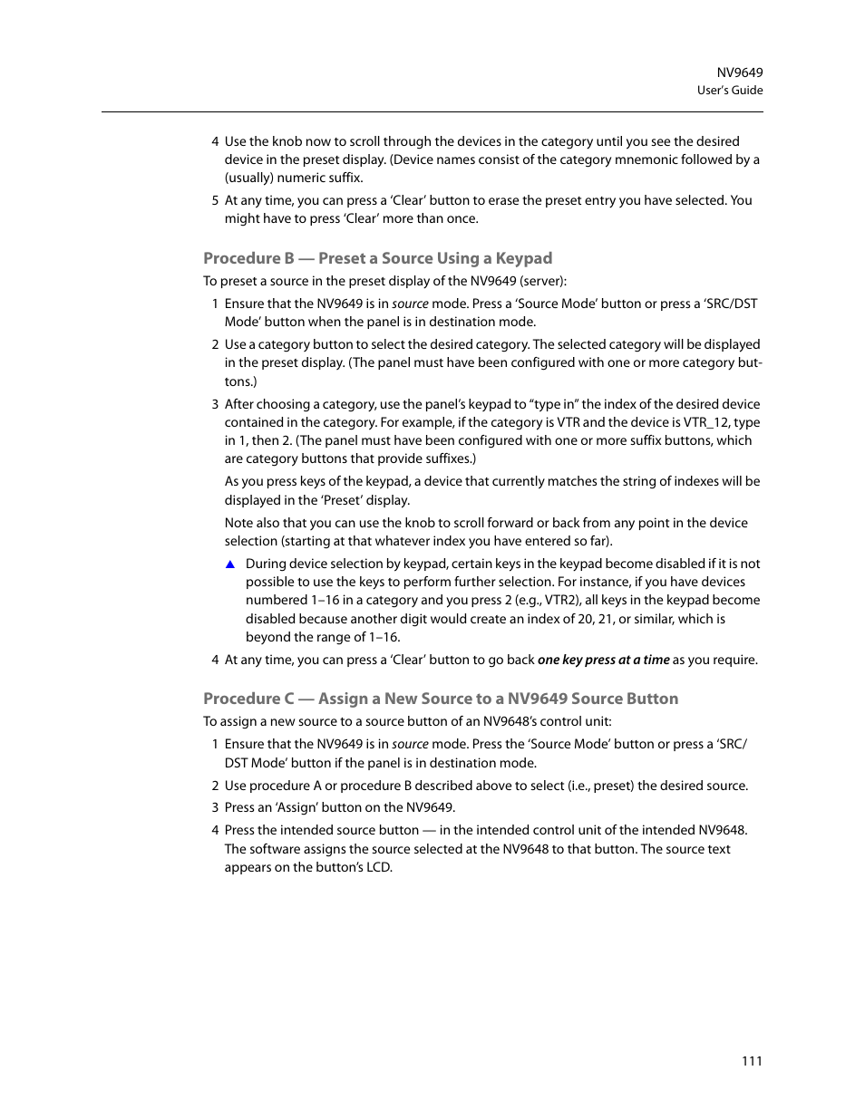 Procedure b - preset a source using a keypad | Grass Valley NV9649 v.1.1 User Manual | Page 123 / 166