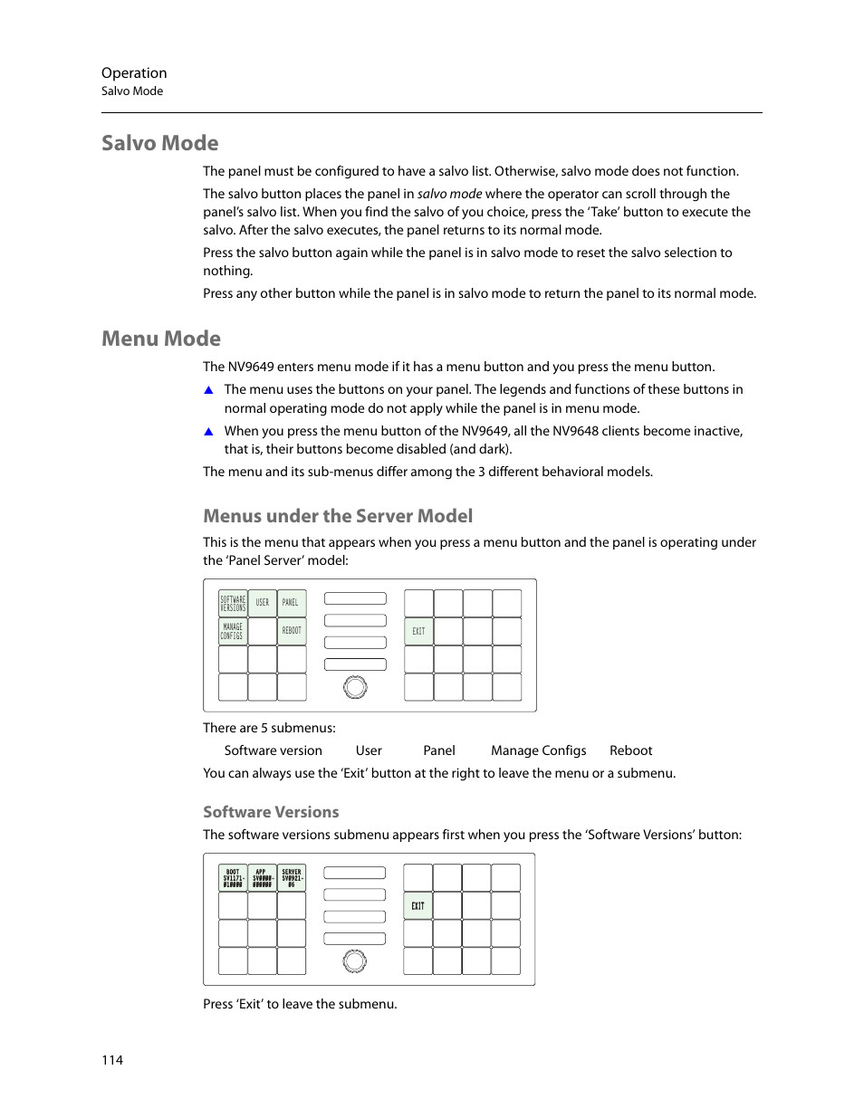 Salvo mode, Menu mode, Menus under the server model | Software versions, Salvo mode menu mode, Menu, Mode, Operation | Grass Valley NV9649 v.1.1 User Manual | Page 126 / 166