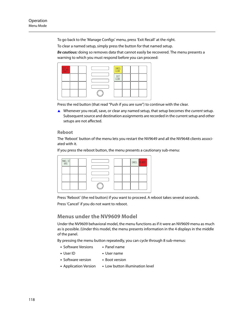 Reboot, Menus under the nv9609 model | Grass Valley NV9649 v.1.1 User Manual | Page 130 / 166