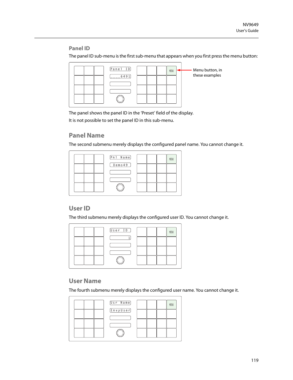 Panel id, Panel name, User id | User name, Panel name user id user name | Grass Valley NV9649 v.1.1 User Manual | Page 131 / 166