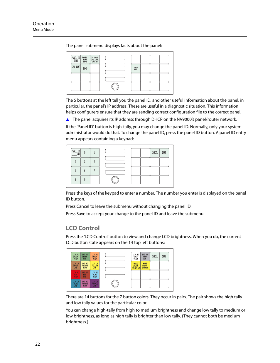 Lcd control, Operation, Menu mode | Grass Valley NV9649 v.1.1 User Manual | Page 134 / 166