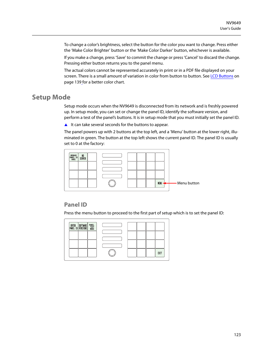 Setup mode, Panel id | Grass Valley NV9649 v.1.1 User Manual | Page 135 / 166