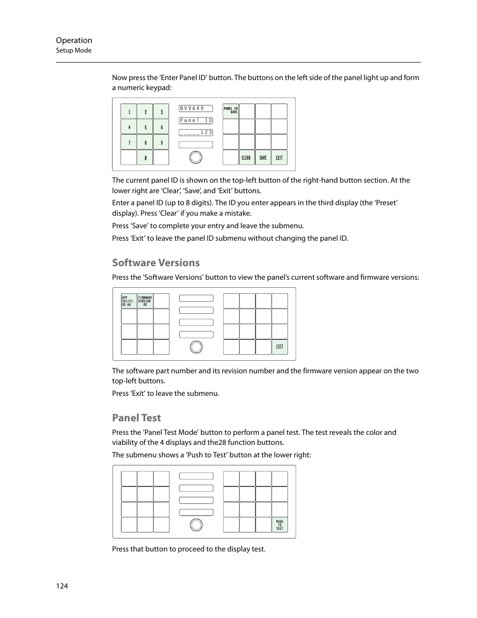 Software versions, Panel test, Software versions panel test | Operation, Setup mode | Grass Valley NV9649 v.1.1 User Manual | Page 136 / 166