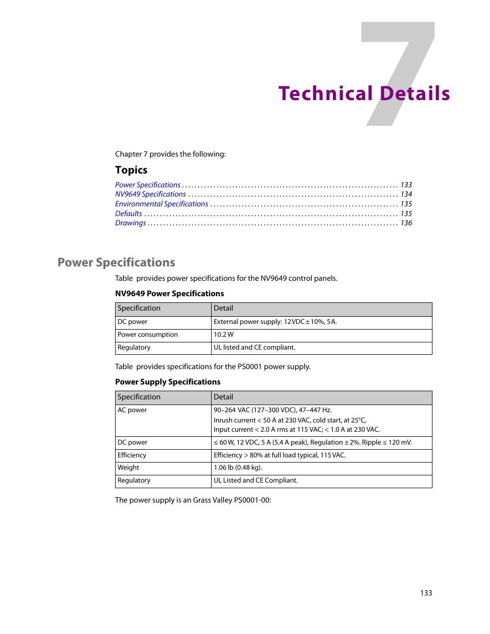 Technical details, Power specifications, 7 technical details | Chapter 7, Topics | Grass Valley NV9649 v.1.1 User Manual | Page 145 / 166