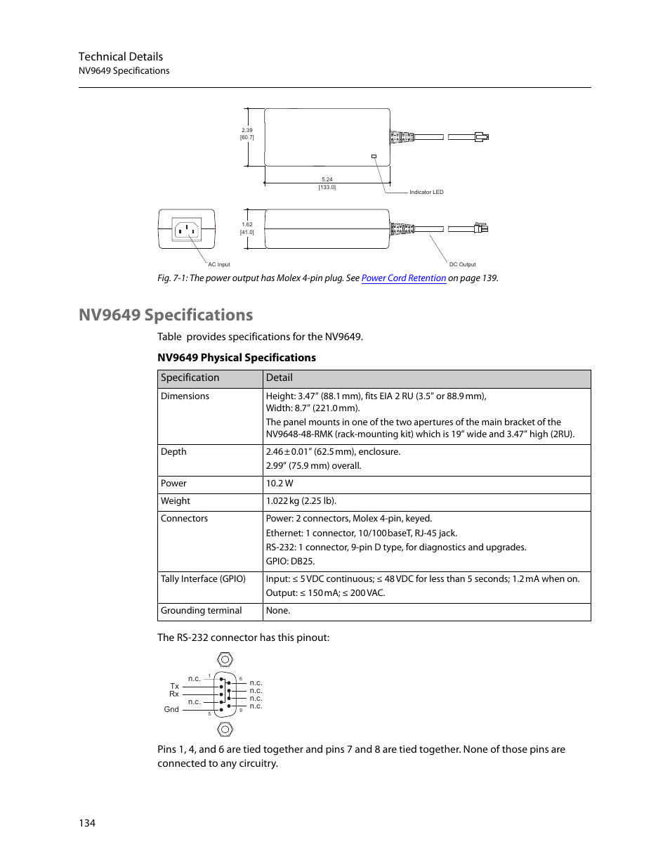 Nv9649 specifications, Technical details, Nv9649 physical specifications | Grass Valley NV9649 v.1.1 User Manual | Page 146 / 166