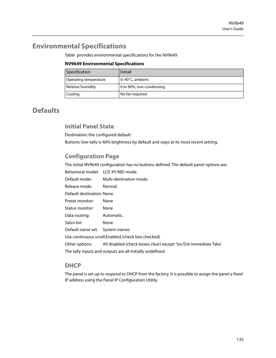 Environmental specifications, Defaults, Initial panel state | Dhcp, Environmental specifications defaults, Configuration page | Grass Valley NV9649 v.1.1 User Manual | Page 147 / 166