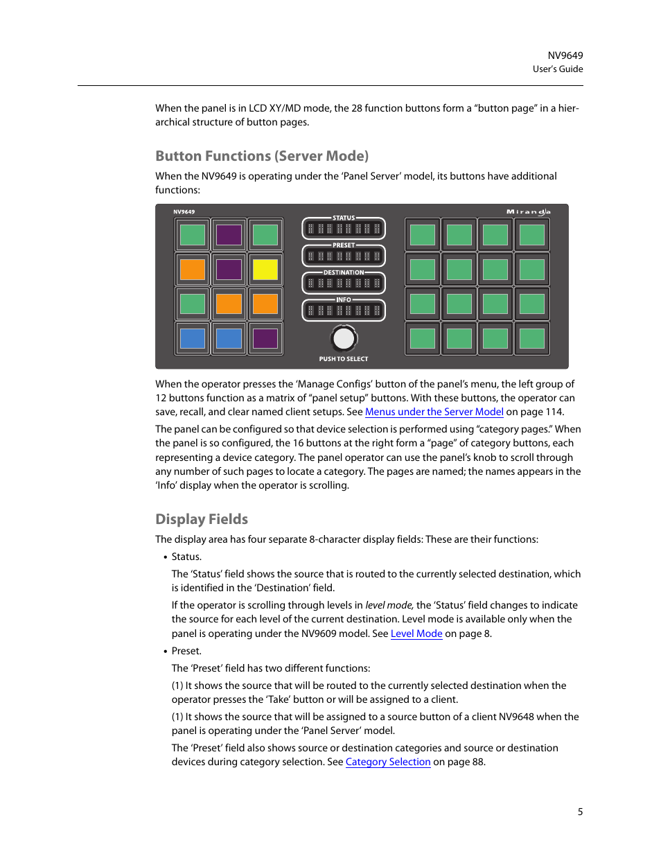 Button functions (server mode), Display fields, Button functions (server mode) display fields | Grass Valley NV9649 v.1.1 User Manual | Page 17 / 166