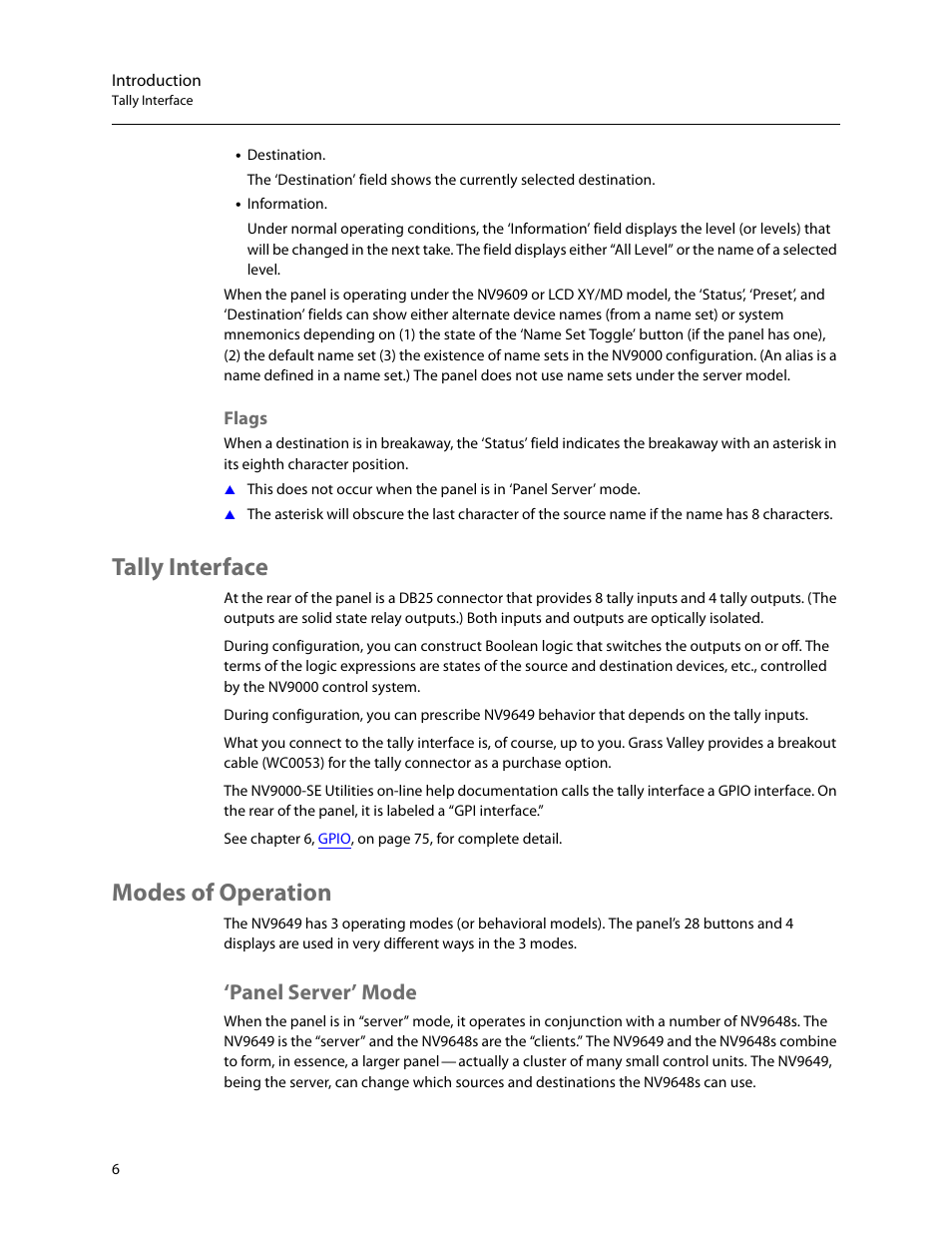 Flags, Tally interface, Modes of operation | Panel server’ mode, Tally interface modes of operation | Grass Valley NV9649 v.1.1 User Manual | Page 18 / 166