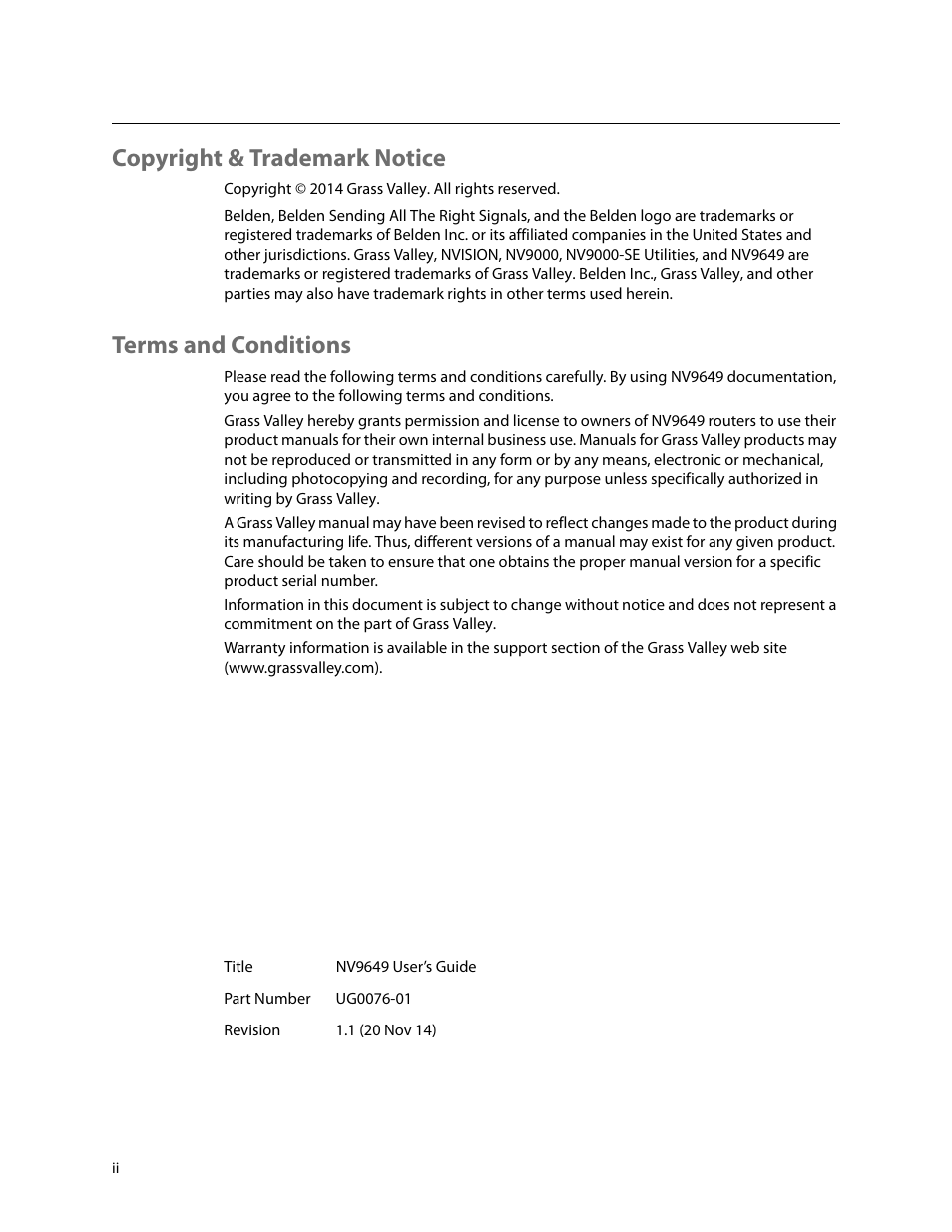 Copyright & trademark notice, Terms and conditions | Grass Valley NV9649 v.1.1 User Manual | Page 2 / 166