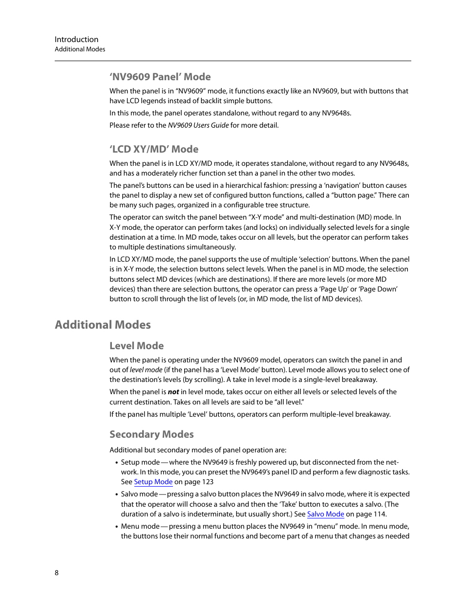 Nv9609 panel’ mode, Lcd xy/md’ mode, Additional modes | Level mode, Secondary modes, Nv9609 panel’ mode ‘lcd xy/md’ mode, Level mode secondary modes | Grass Valley NV9649 v.1.1 User Manual | Page 20 / 166