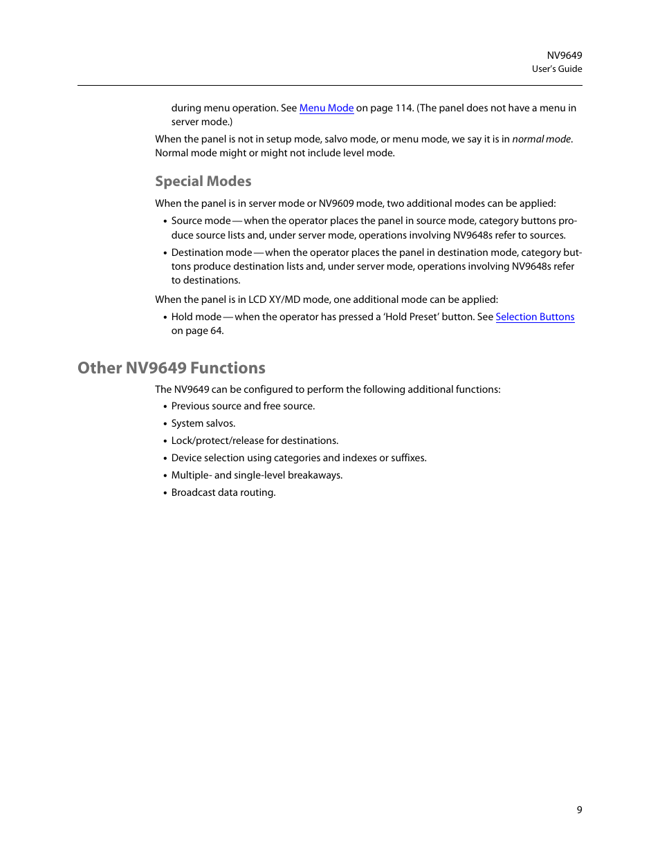 Special modes, Other nv9649 functions | Grass Valley NV9649 v.1.1 User Manual | Page 21 / 166