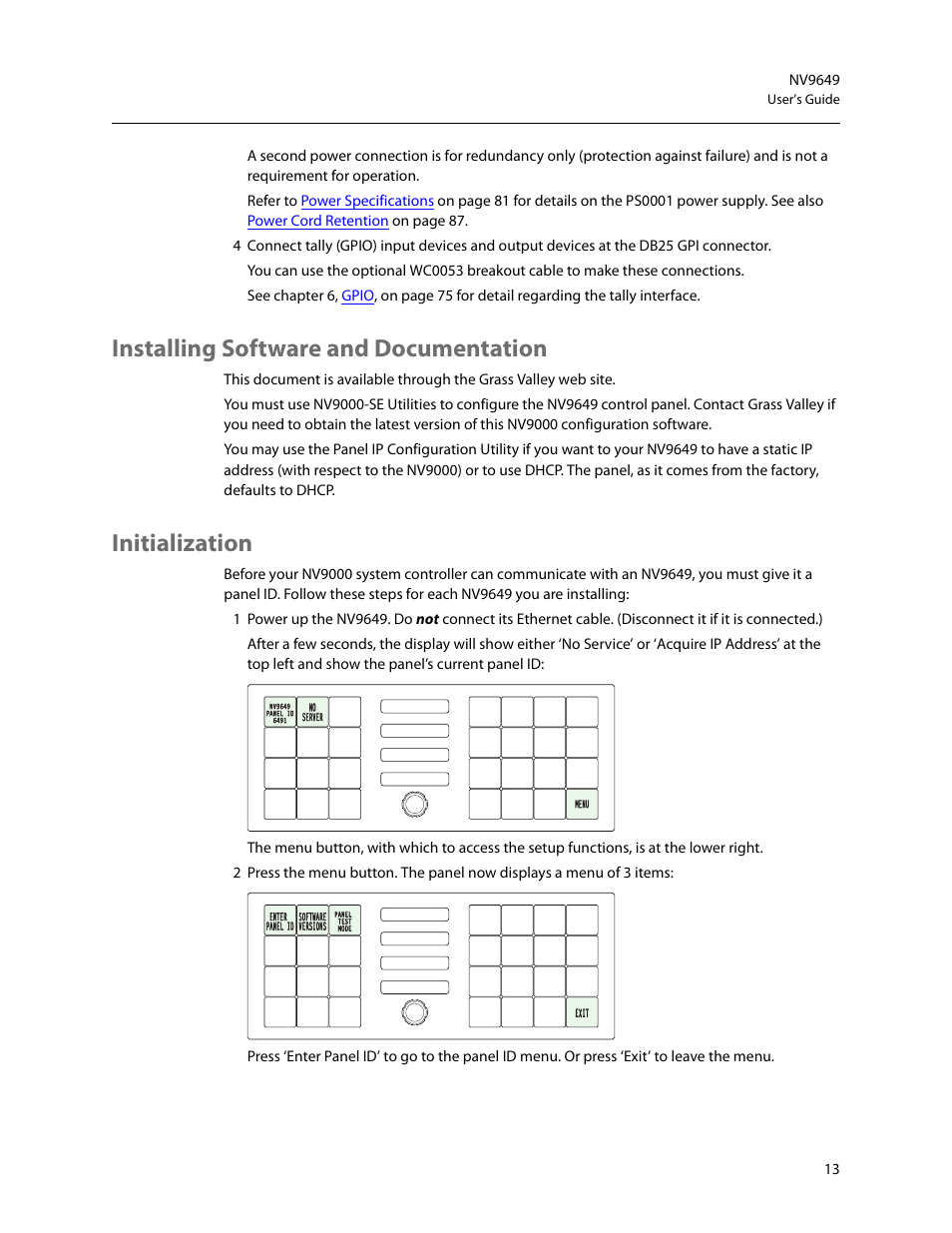 Installing software and documentation, Initialization | Grass Valley NV9649 v.1.1 User Manual | Page 25 / 166