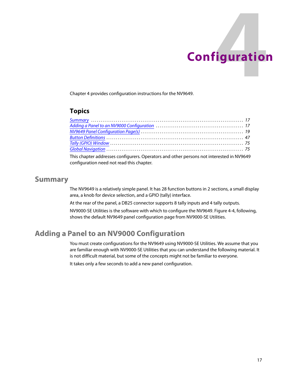 Configuration, Summary, Adding a panel to an nv9000 configuration | 4 configuration, Summary adding a panel to an nv9000 configuration, Chapter 4, Topics | Grass Valley NV9649 v.1.1 User Manual | Page 29 / 166