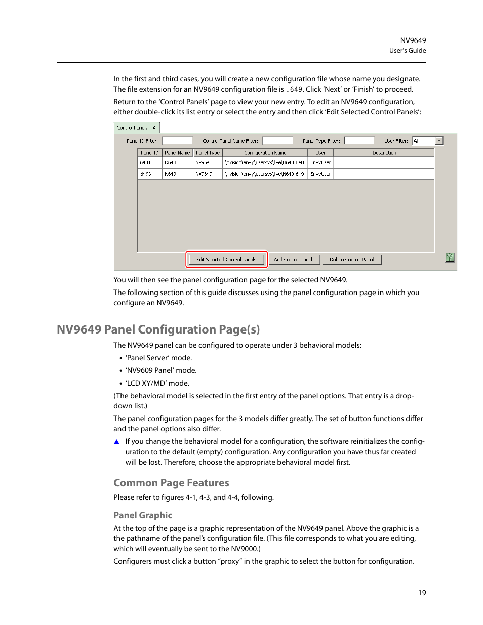 Panel graphic, Nv9649 panel configuration page(s), Common page features | Grass Valley NV9649 v.1.1 User Manual | Page 31 / 166