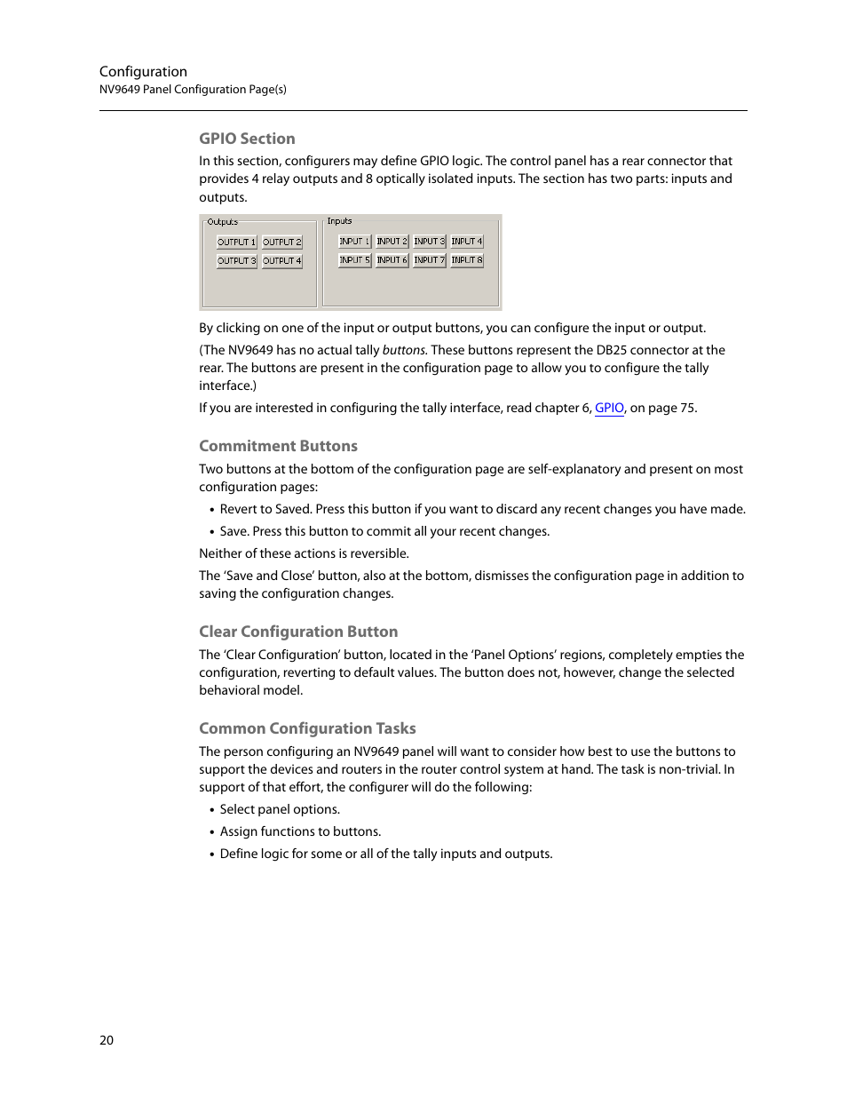 Gpio section, Commitment buttons, Clear configuration button | Common configuration tasks | Grass Valley NV9649 v.1.1 User Manual | Page 32 / 166