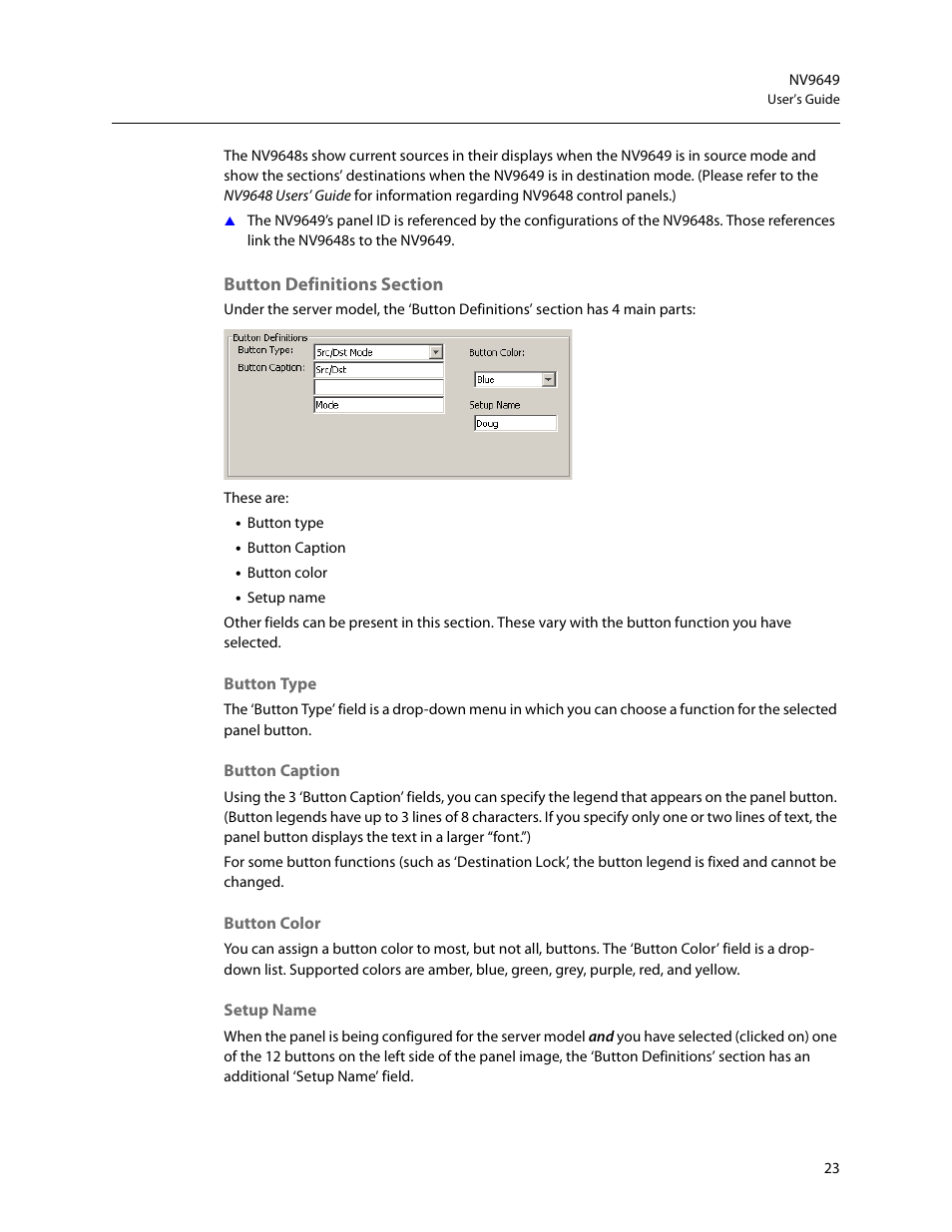 Button definitions section | Grass Valley NV9649 v.1.1 User Manual | Page 35 / 166