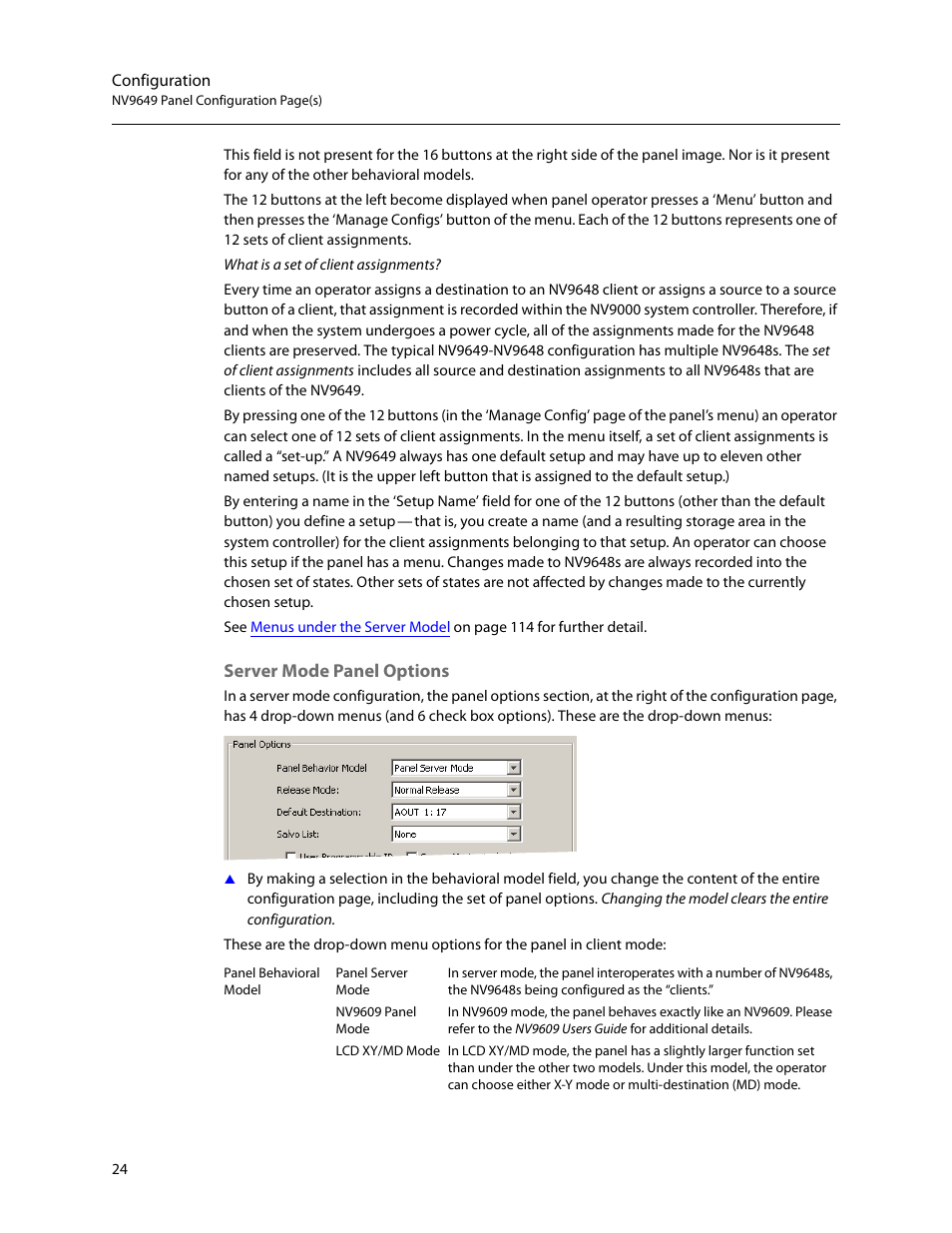 Server mode panel options | Grass Valley NV9649 v.1.1 User Manual | Page 36 / 166