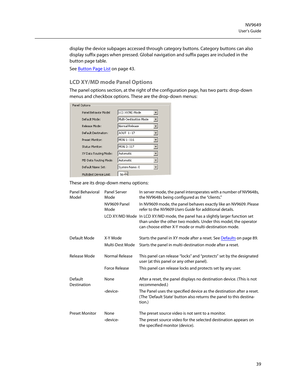 Lcd xy/md mode panel options | Grass Valley NV9649 v.1.1 User Manual | Page 51 / 166