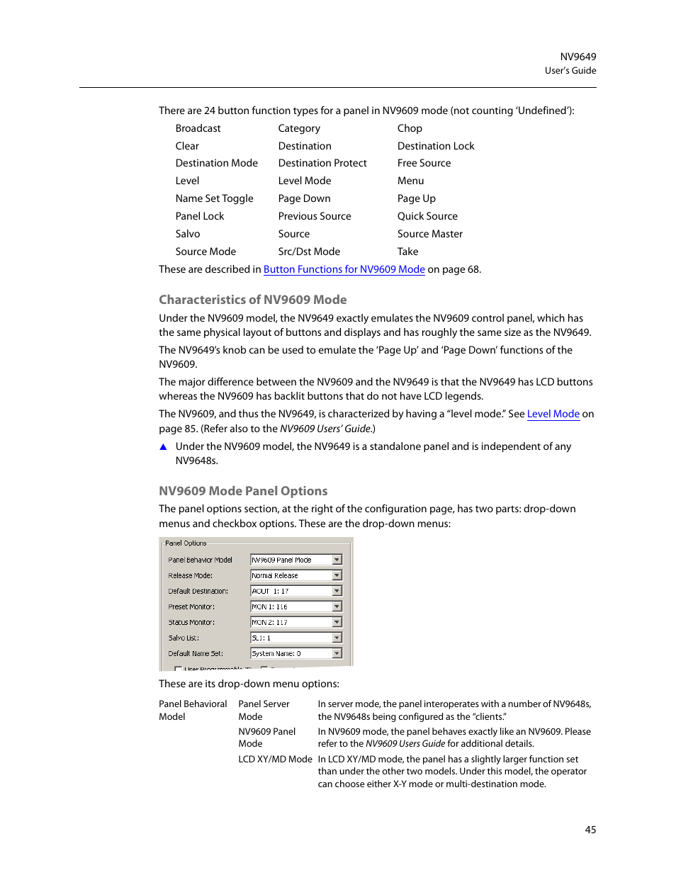 Characteristics of nv9609 mode, Nv9609 mode panel options | Grass Valley NV9649 v.1.1 User Manual | Page 57 / 166