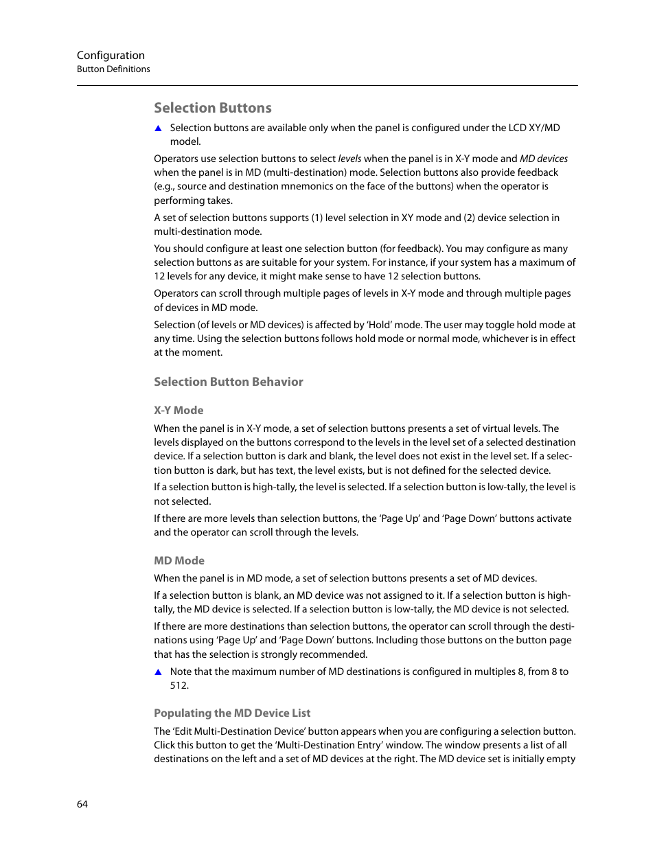 Selection buttons, Selection button behavior | Grass Valley NV9649 v.1.1 User Manual | Page 76 / 166