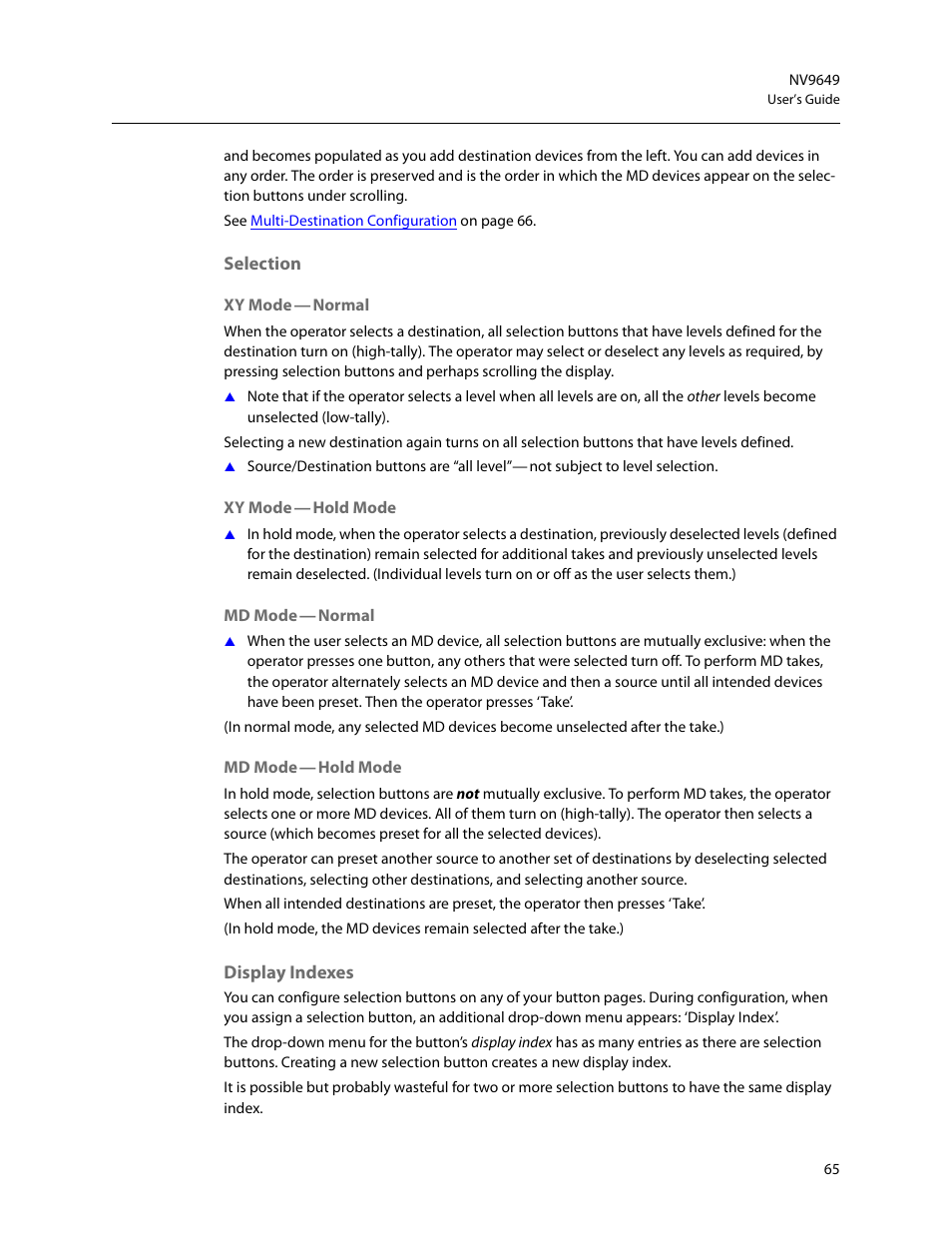 Selection, Display indexes, Selection display indexes | Grass Valley NV9649 v.1.1 User Manual | Page 77 / 166