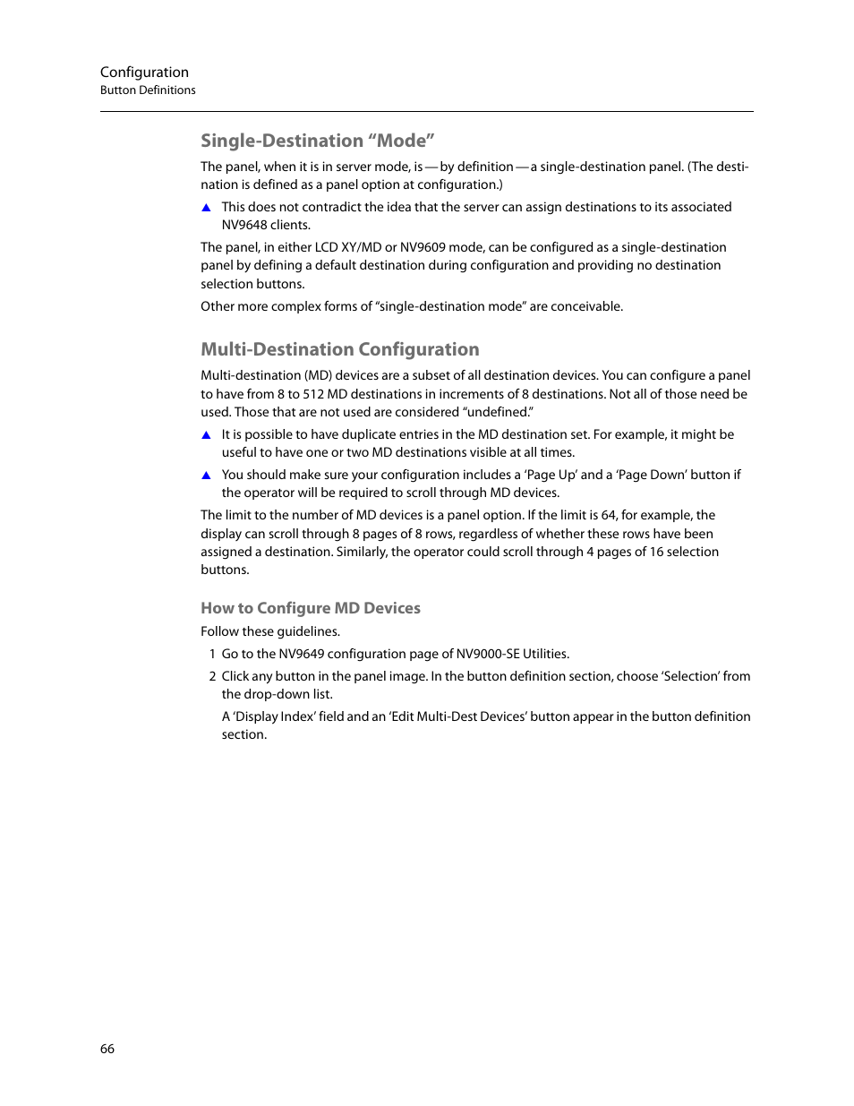 Single-destination “mode, Multi-destination configuration, How to configure md devices | Grass Valley NV9649 v.1.1 User Manual | Page 78 / 166