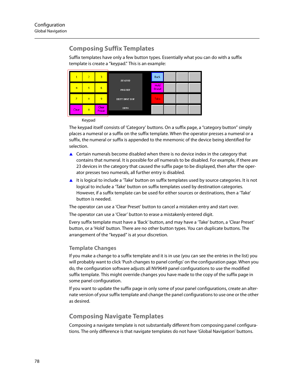 Composing suffix templates, Template changes, Composing navigate templates | Grass Valley NV9649 v.1.1 User Manual | Page 90 / 166