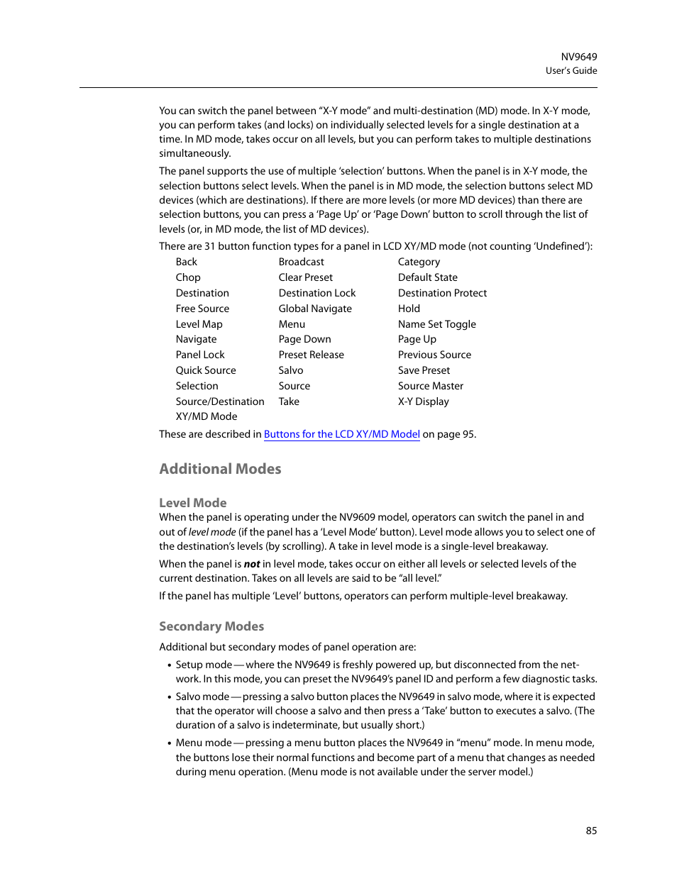 Additional modes, Level mode, Secondary modes | Level mode secondary modes | Grass Valley NV9649 v.1.1 User Manual | Page 97 / 166