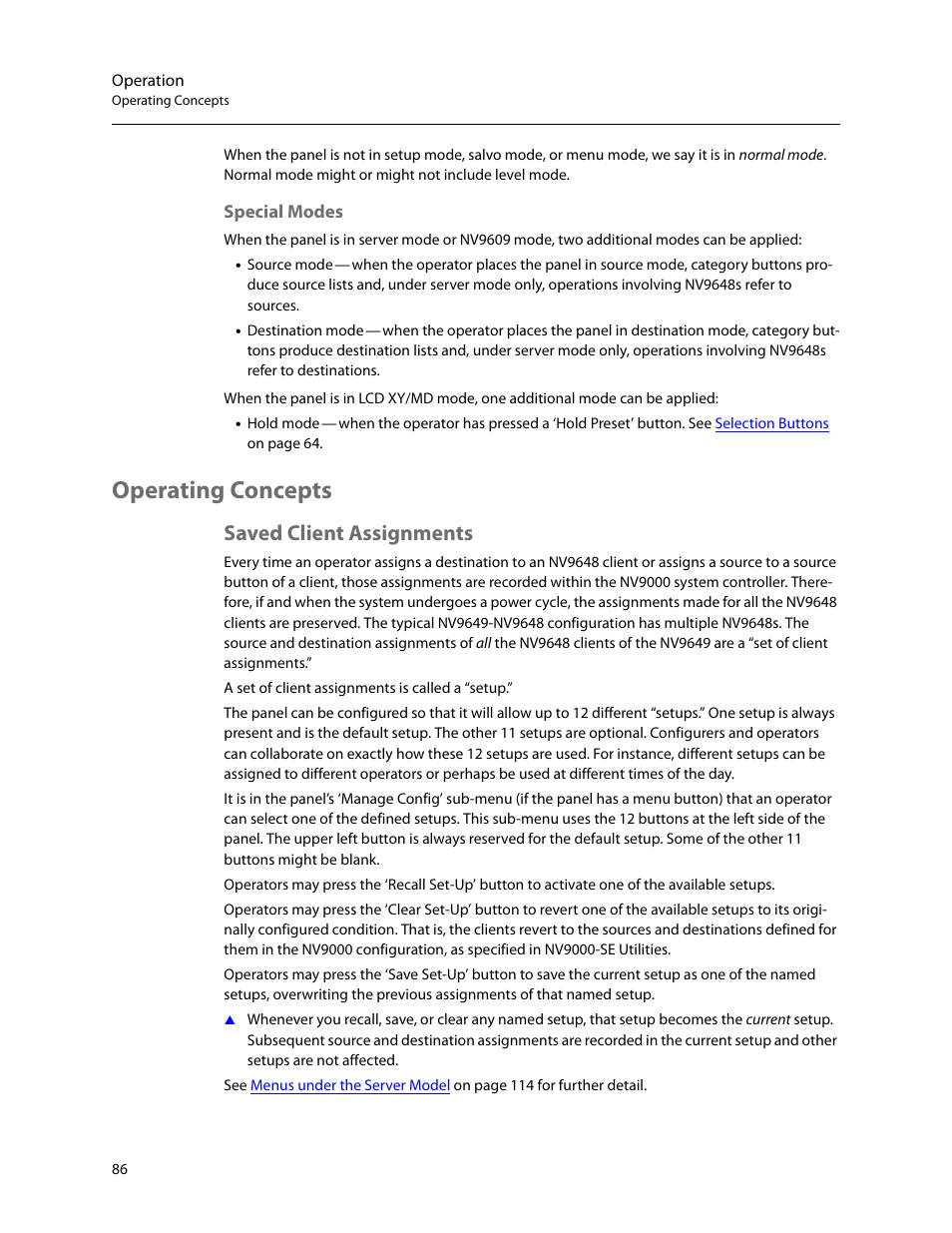 Special modes, Operating concepts, Saved client assignments | Grass Valley NV9649 v.1.1 User Manual | Page 98 / 166